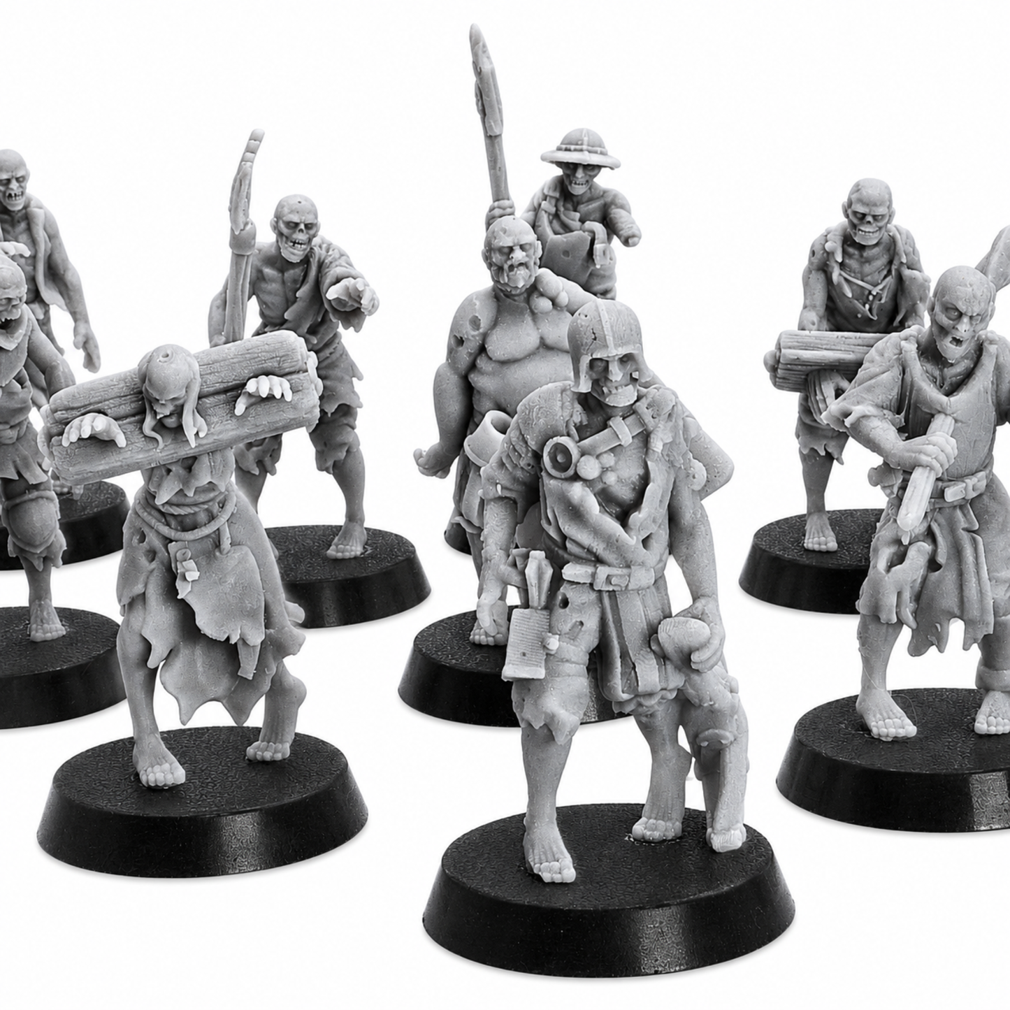 Close-up group view of unpainted Zombie Villager miniatures showing undead faces, tools, torn clothing, and 25mm round bases.