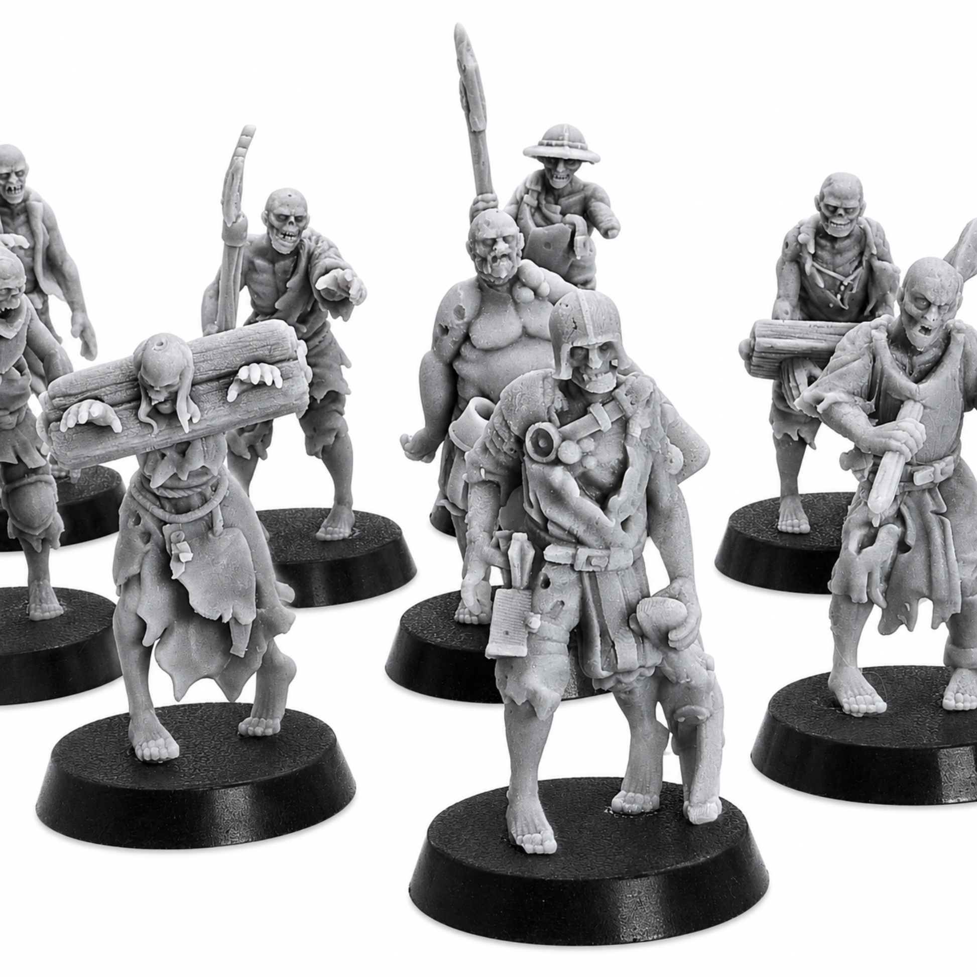 Close-up group view of unpainted Zombie Villager miniatures showing undead faces, tools, torn clothing, and 25mm round bases.