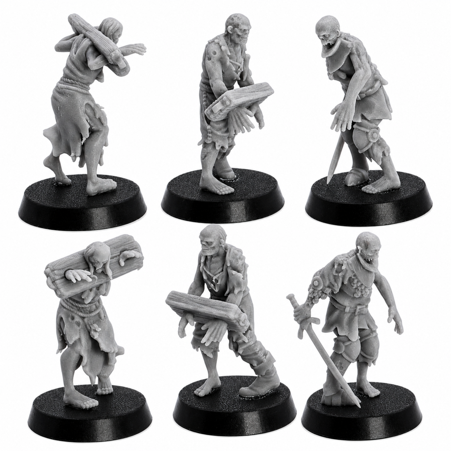 Detail views of unpainted Zombie Villager miniatures by Highlands Miniatures showing damaged clothing, weapons, and undead sculpt detail.