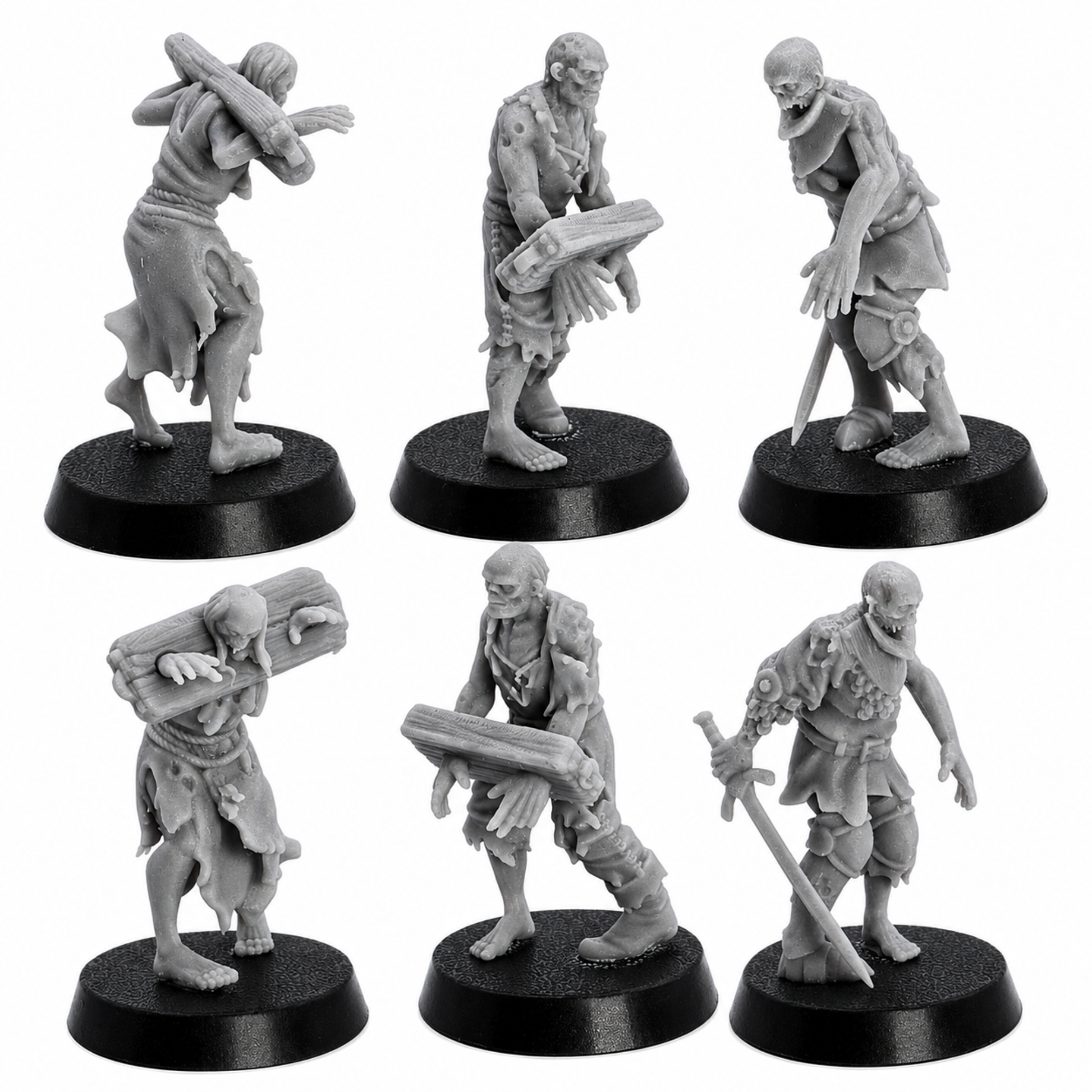 Detail views of unpainted Zombie Villager miniatures by Highlands Miniatures showing damaged clothing, weapons, and undead sculpt detail.