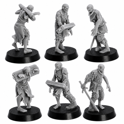 Detail views of unpainted Zombie Villager miniatures by Highlands Miniatures showing damaged clothing, weapons, and undead sculpt detail.