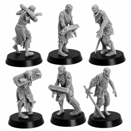 Detail views of unpainted Zombie Villager miniatures by Highlands Miniatures showing damaged clothing, weapons, and undead sculpt detail.