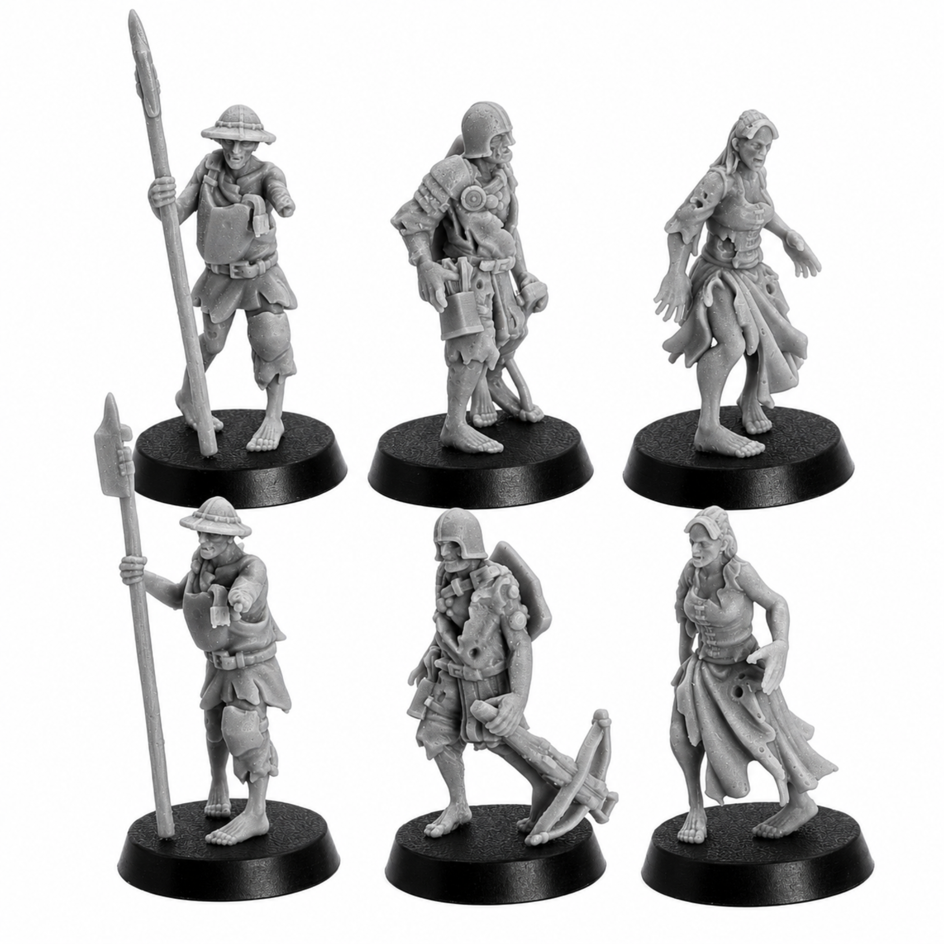 Unpainted Zombie Villager miniatures showing farmer and townsfolk poses with pitchfork, spear, tools, and ruined clothing.