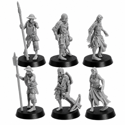Unpainted Zombie Villager miniatures showing farmer and townsfolk poses with pitchfork, spear, tools, and ruined clothing.