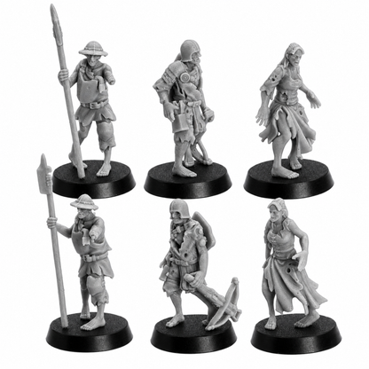 Unpainted Zombie Villager miniatures showing farmer and townsfolk poses with pitchfork, spear, tools, and ruined clothing.