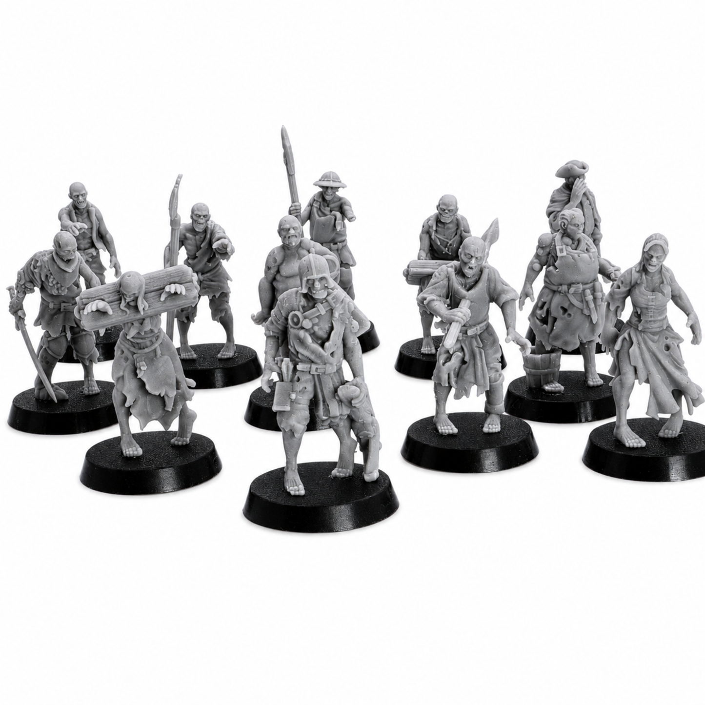 Group shot of twelve unpainted Zombie Villager resin miniatures by Highlands Miniatures for fantasy tabletop encounters.