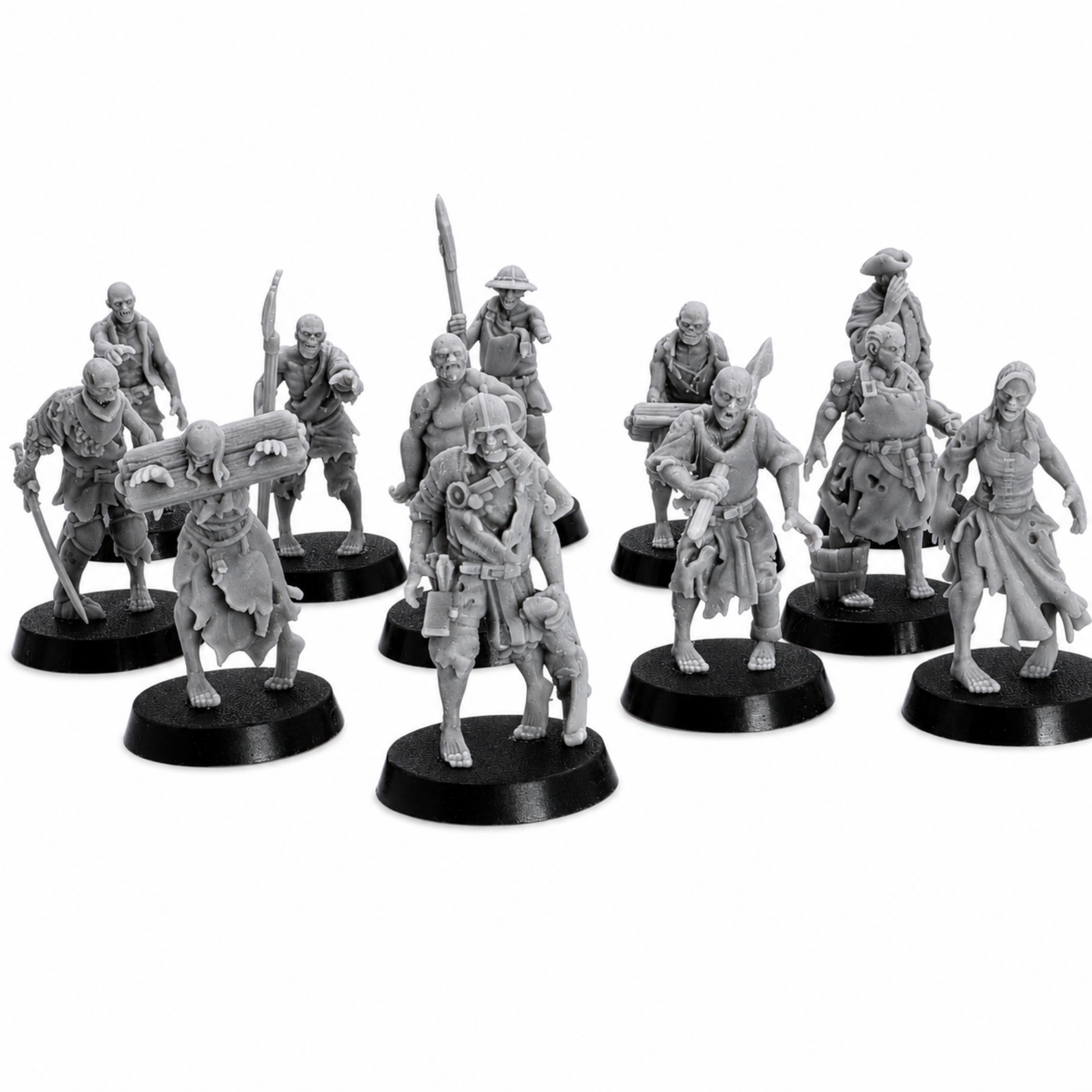 Group shot of twelve unpainted Zombie Villager resin miniatures by Highlands Miniatures for fantasy tabletop encounters.
