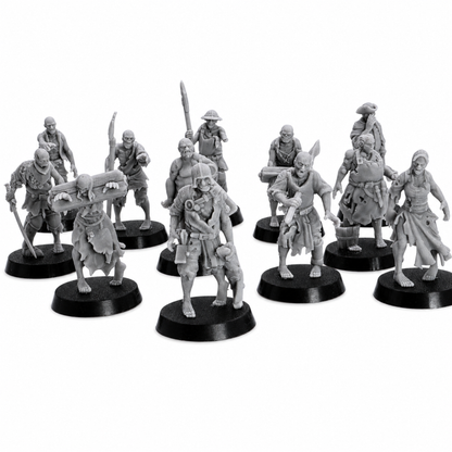Group shot of twelve unpainted Zombie Villager resin miniatures by Highlands Miniatures for fantasy tabletop encounters.
