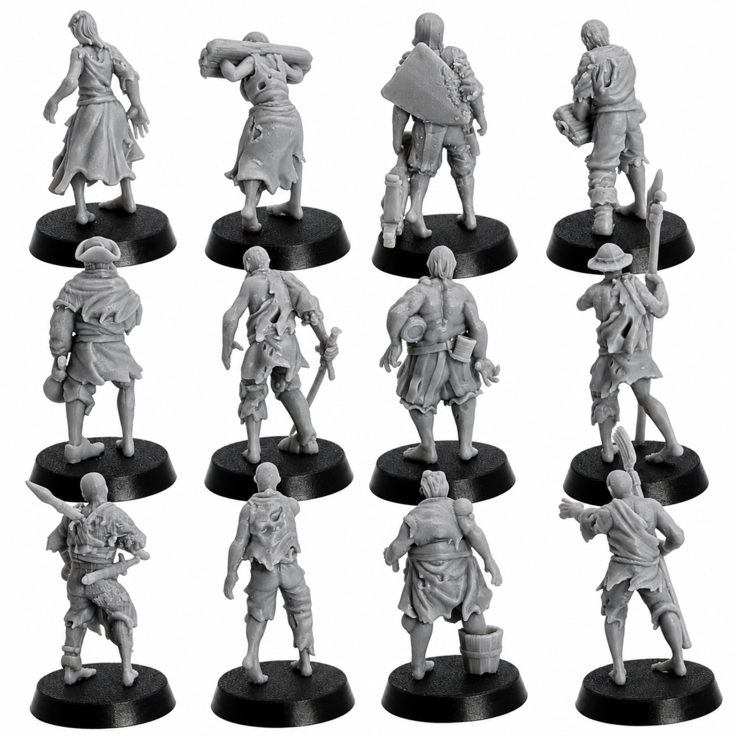 Rear views of twelve unpainted Zombie Villager miniatures showing torn clothing, weapons, poses, and sculpted detail.