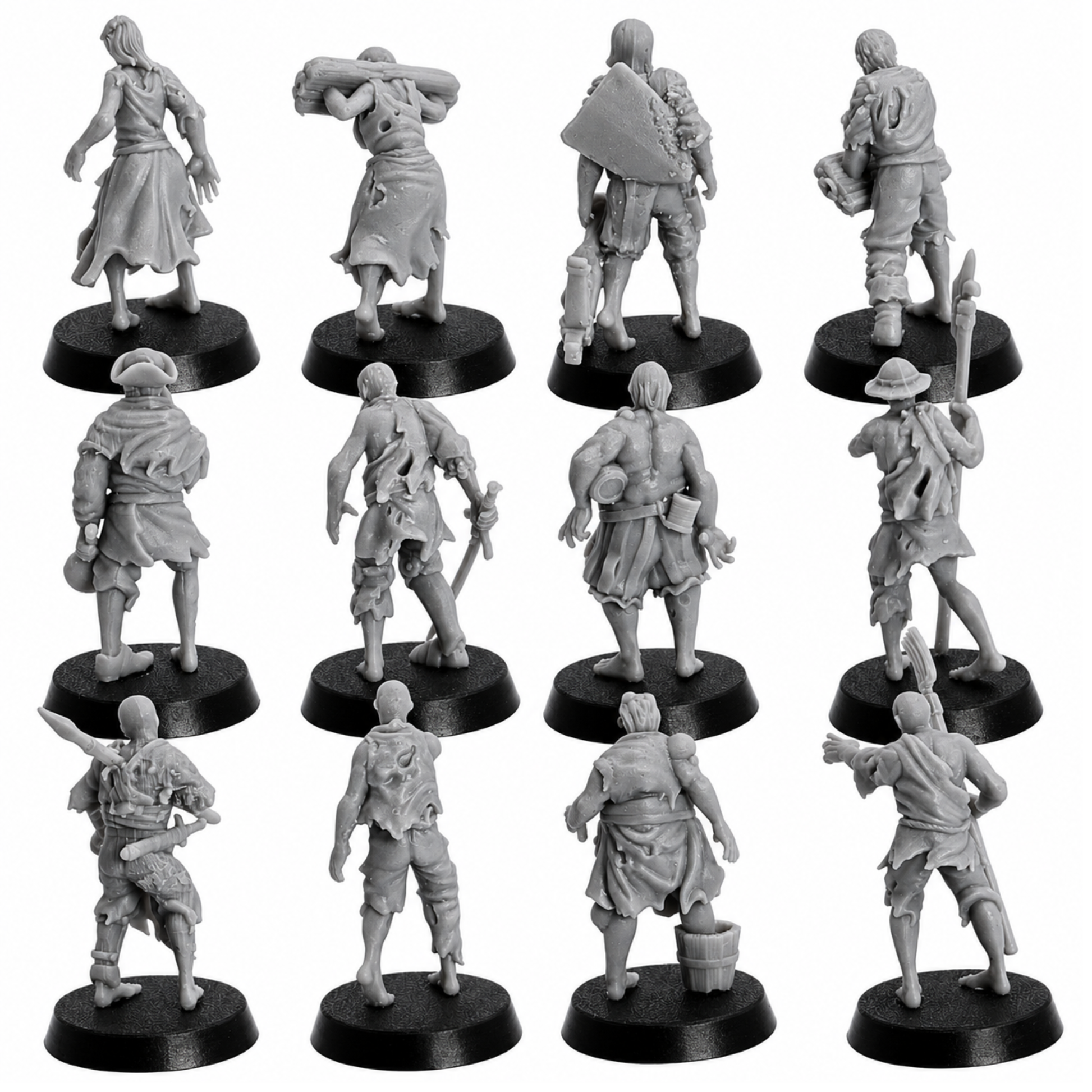 Rear views of twelve unpainted Zombie Villager miniatures showing torn clothing, weapons, poses, and sculpted detail.