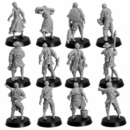 Rear views of twelve unpainted Zombie Villager miniatures showing torn clothing, weapons, poses, and sculpted detail.