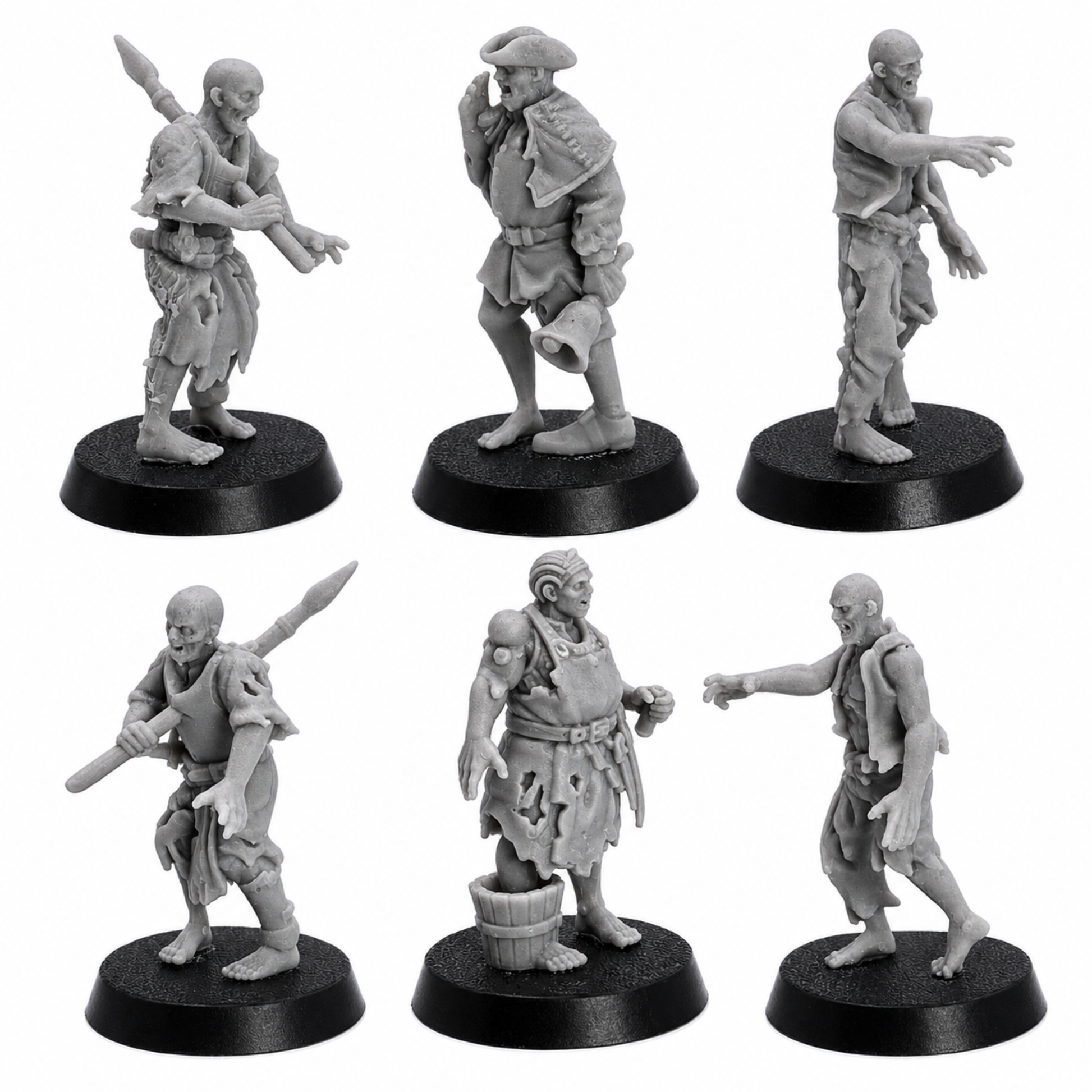 Side views of unpainted Zombie Villager resin miniatures showing shambling poses, torn garments, and undead character detail.