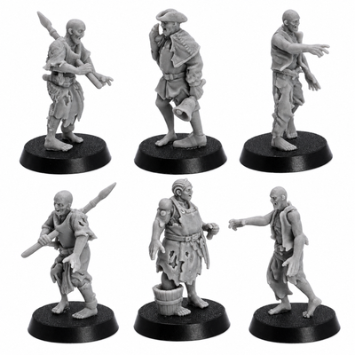 Side views of unpainted Zombie Villager resin miniatures showing shambling poses, torn garments, and undead character detail.
