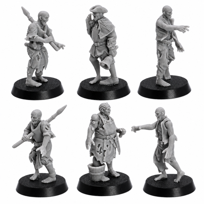 Side views of unpainted Zombie Villager resin miniatures showing shambling poses, torn garments, and undead character detail.