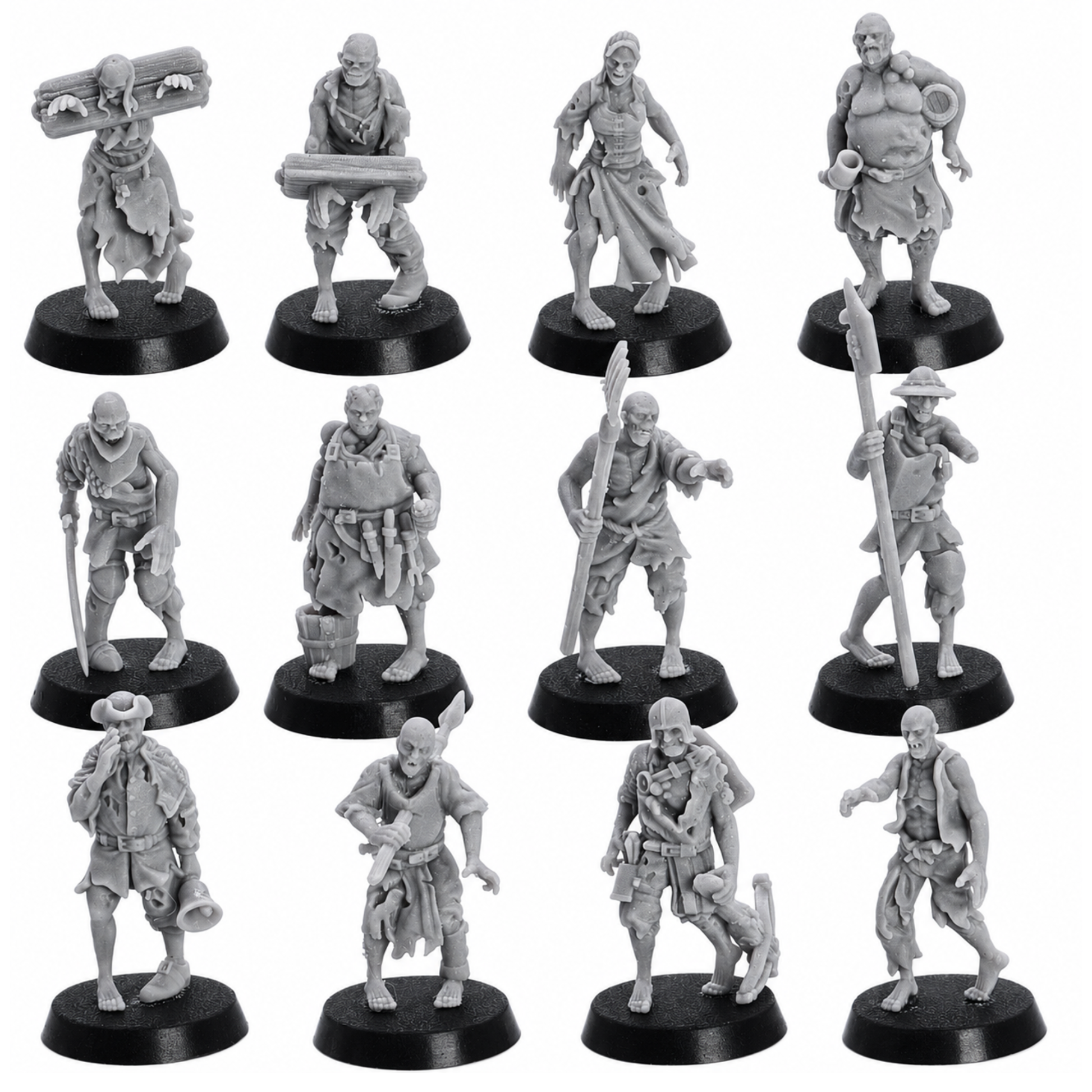 Front views of twelve unpainted Zombie Villager resin miniatures by Highlands Miniatures on 25mm round bases.