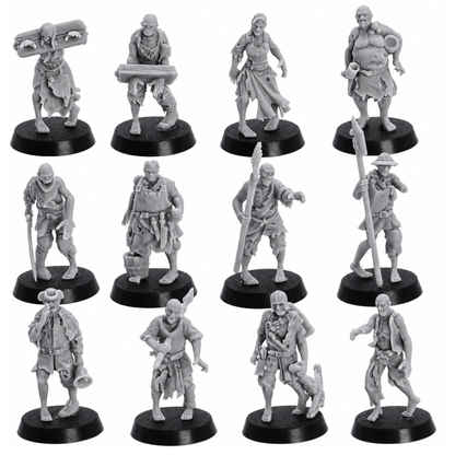 Front views of twelve unpainted Zombie Villager resin miniatures by Highlands Miniatures on 25mm round bases.