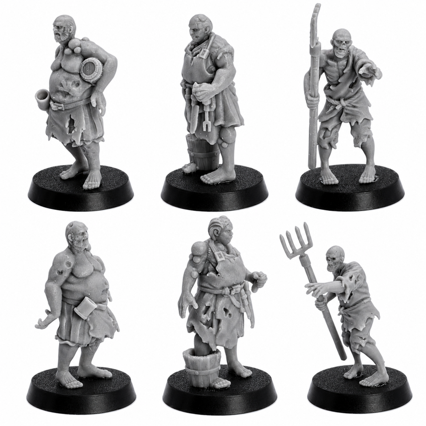 Unpainted Zombie Villager miniatures by Highlands Miniatures showing individual townsfolk poses with tools, weapons, and tattered clothing.