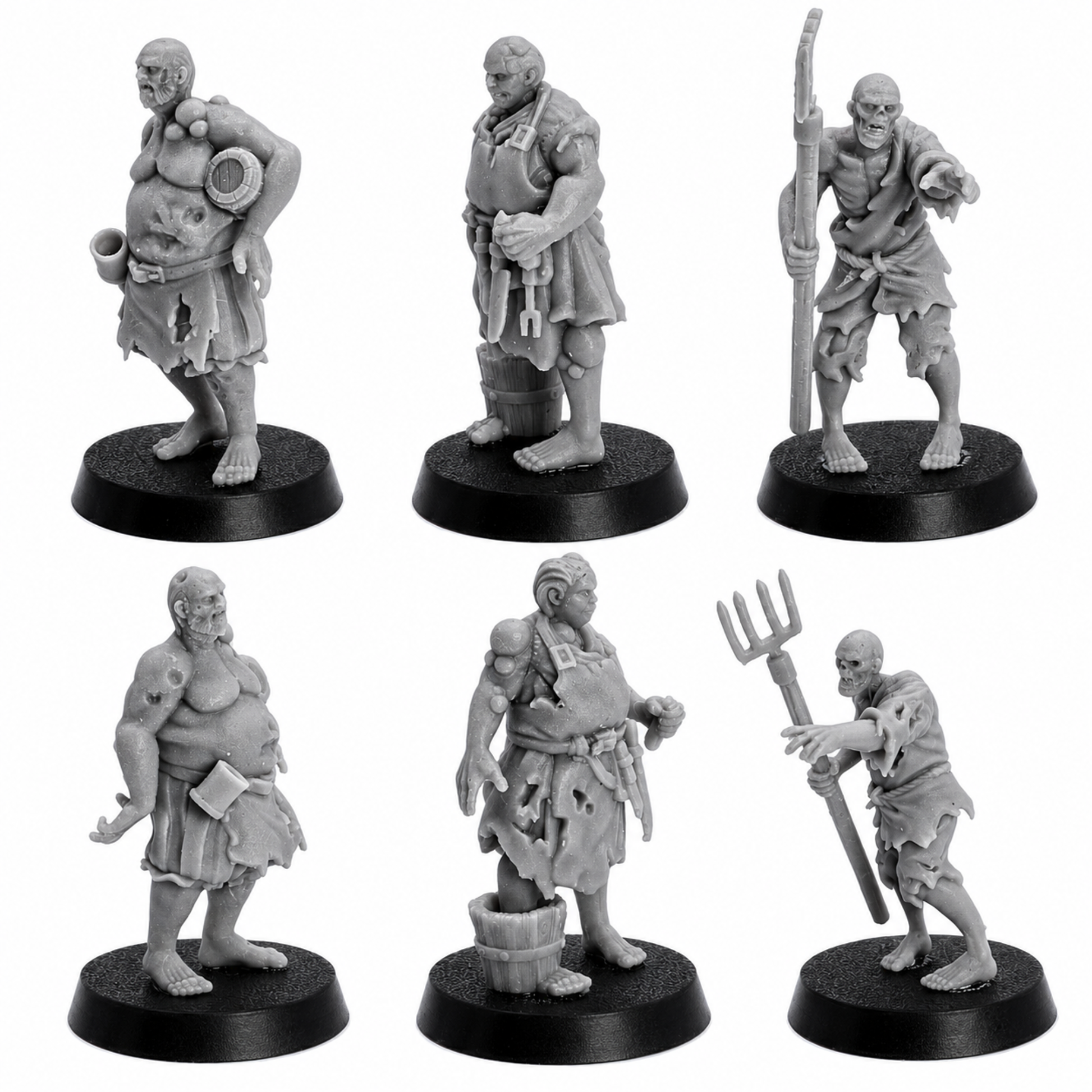 Unpainted Zombie Villager miniatures by Highlands Miniatures showing individual townsfolk poses with tools, weapons, and tattered clothing.