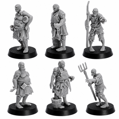 Unpainted Zombie Villager miniatures by Highlands Miniatures showing individual townsfolk poses with tools, weapons, and tattered clothing.