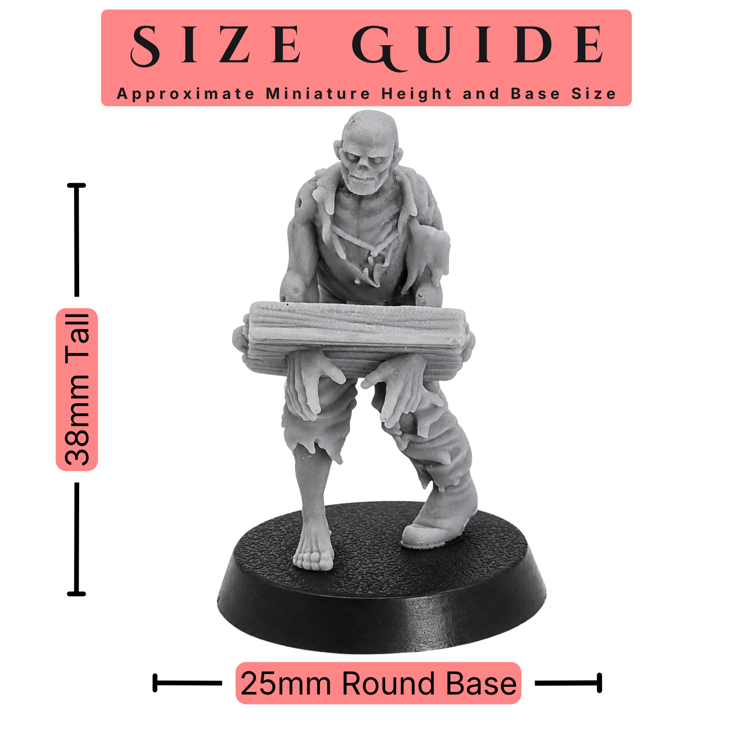 Size guide for a 32mm scale Zombie Villager miniature by Highlands Miniatures showing approximate height and 25mm round base size.
