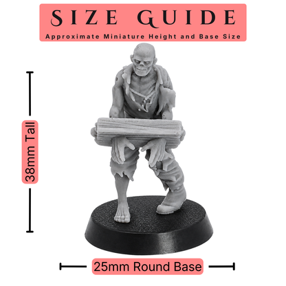 Size guide for a 32mm scale Zombie Villager miniature by Highlands Miniatures showing approximate height and 25mm round base size.